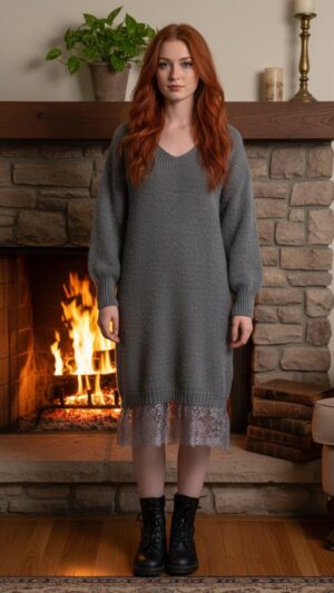 Vestito in Maglia Mohair con Dettagli in Pizzo e Balza Sottoveste